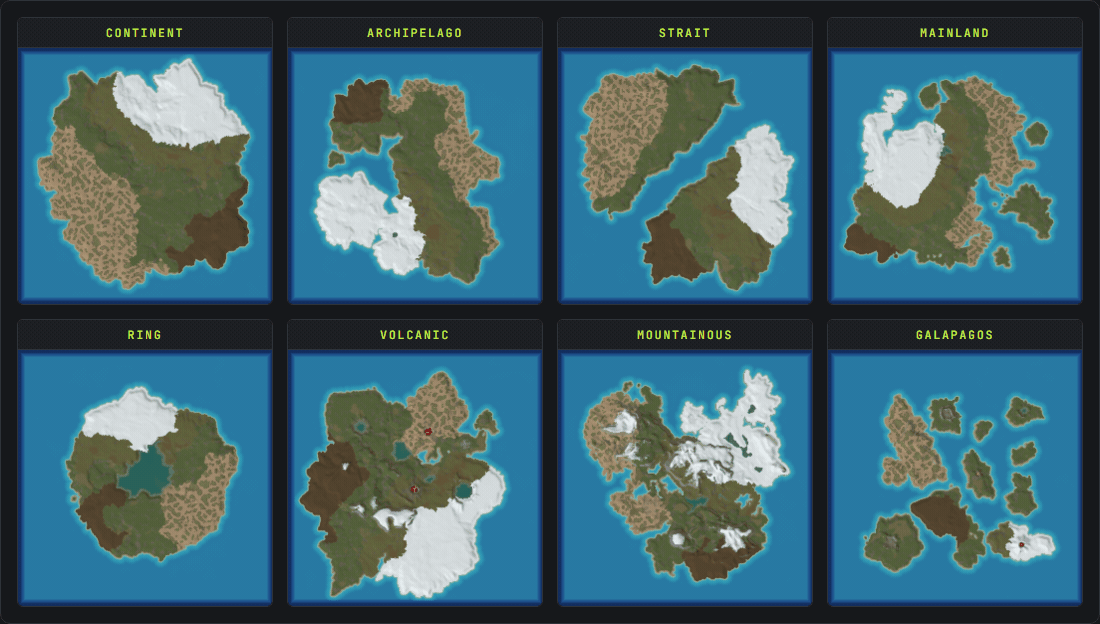 Animated grid of the eight Crucible Heightmap full-map styles, Continent, Archipelago, Strait, Ring, Mainland, Volcanic, Mountainous and Galapagos, each cycling through generated Rust maps